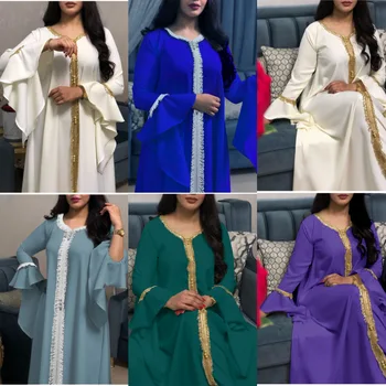 Женские Абайи, Дубай, Турция, Исламская одежда, Повседневная вышивка с рукавом 