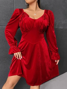 Красная туника, Платья трапециевидной формы для женщин, V-образный вырез, Пышные рукава, шнуровка длиной до колен, Элегантная вечеринка, Ночные клубы, Праздник, Большие размеры, Vestidos