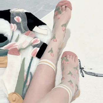 1 пара Японско-Корейских Модных женских Носков Harajuku из прозрачного Шелка с цветочным принтом, ультратонкие стеклянные шелковые носки