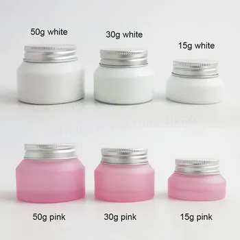12 x 15 г 30 г 50 г Высококачественная Банка для крема из бело-розового стекла с серебристой алюминиевой крышкой, косметическая банка с белой печатью, контейнер для крема для масок