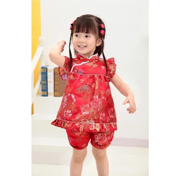 2019 Новые Летние Детские комплекты Ципао с цветочным рисунком, новогодние китайские платья для маленьких девочек, короткие штаны, наряды чонсам