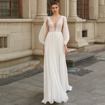 2021 Новые очаровательные свадебные платья в стиле бохо из шифона с длинными рукавами, кружевные свадебные платья с V-образным вырезом для невесты, поступили в продажу