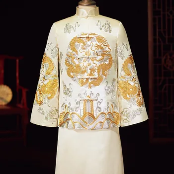 2022 Men Champagne Dragon Embroidery Cheongsam Chinese Traditional Wedding Dress China Qipao костюм для восточных