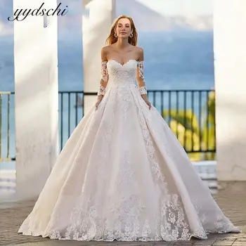 2022 Белое Атласное Элегантное Свадебное платье с Длинными рукавами и Аппликацией, Свадебное платье на Шнуровке Для женщин, Vestidos De Novia