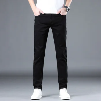 2023, весенне-летние мужские облегающие стрейчевые серые джинсы, корейские модные повседневные универсальные узкие джинсовые брюки, черные брендовые брюки