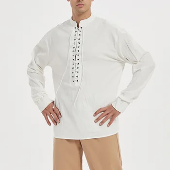 2023 Новая Винтажная Однотонная Мужская рубашка со Свободным ремешком на шее и длинным рукавом Drama Stage Prince Платье для выступлений Top Four Sea