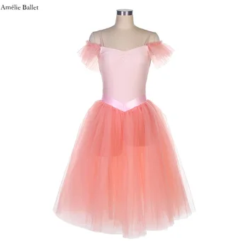 20517 Розовая Длинная Романтическая Балетная пачка с открытыми плечами и Лентой, Балетный костюм для женщин и Девочек, Танцевальное платье для выступлений на сцене
