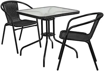 28-дюймовый квадратный стеклянный металлический стол с окантовкой из серого ротанга и 4 серых стула из ротанга