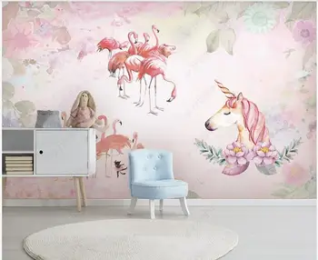3d обои для стен в рулонах, Единорог с Фламинго, розовый цветочный декор для детской комнаты, домашняя роспись на заказ, 3D фотообои на стену