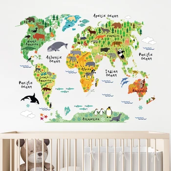 92x70 см Мультяшные животные Карта мира настенные наклейки для детской комнаты, наклейки на стены детской комнаты, Читальный зал, наклейки для детского сада