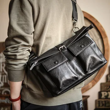 AETOO Оригинальный дизайн, мужская сумка из кожи с несколькими карманами на одно плечо, сумка через плечо из воловьей кожи, бренд tide, повседневная большая c