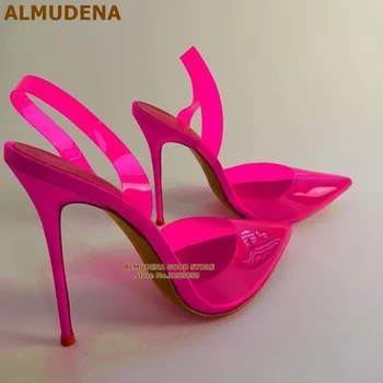 ALMUDENA Прозрачные Туфли из ПВХ цвета фуксии на высоком каблуке на шпильке с Острым носком, Прозрачные Свадебные туфли-лодочки, Дизайнерская Обувь для Банкетов
