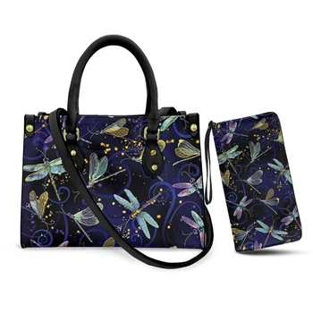 Belidome Blue Dragonfly Брендовые Дизайнерские Женские Сумки-ранцы с верхней ручкой, сумки на плечо и кошельки, 2 комплекта Кожаных сумок через плечо