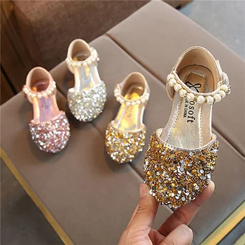Blotona/летняя осенняя обувь принцессы для малышей, милые сандалии с блестками и искусственным жемчугом для маленьких девочек без подъема