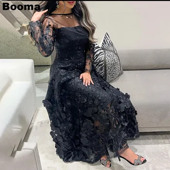 Booma Черные Кружевные платья с вышивкой Трапециевидной формы, Элегантные платья для выпускного вечера с длинными рукавами, Вечерние платья для вечеринок в Саудовской Аравии
