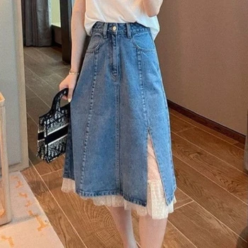 DEEPTOWN джинсовая длинная юбка кружева женщины, в корейском стиле с высокой талией Сплит лоскутное шик элегантная джинсовая юбка миди Весенняя мода