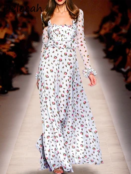 Delocah, Высококачественное весеннее женское модное дизайнерское праздничное платье Макси с расклешенными рукавами и оборками на подоле, Поддельные платья-двойки с принтом