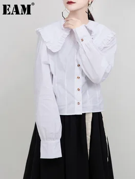 [EAM] Женская Белая Плиссированная Винтажная Блузка, Новая Рубашка Свободного Кроя с воротником 
