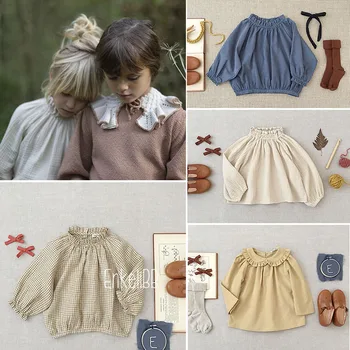 EnkeliBB/ Детская Блузка с длинными рукавами для девочек, Весенне-летние Детские Топы в винтажном Стиле, Модный Дизайн, Детская Одежда в Клетку