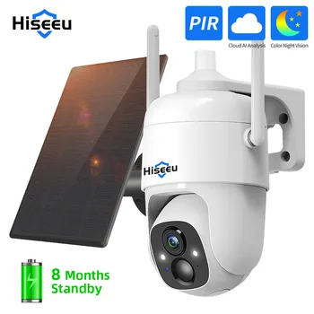 Hiseeu 1080P Облачная камера видеонаблюдения с искусственным Интеллектом, Wi-Fi, Перезаряжаемая батарея с солнечной панелью, Беспроводная система поворота и наклона на открытом воздухе