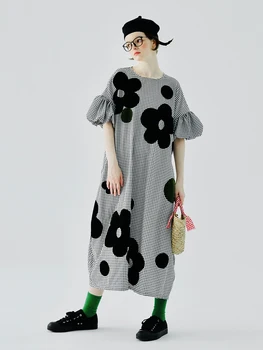 imakokoni оригинальный дизайн 2023 летнее новое клетчатое платье с длинным рукавом-пузырем, свободная ниша 234117
