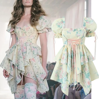 Jenny & Dave 2023, Весенне-летнее платье с фрагментированными цветами, Французское Винтажное повседневное платье с оборками в том же стиле, женское