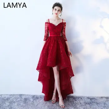 LAMYA High Low Платье для выпускного вечера с вырезом лодочкой и коротким рукавом, вечерние платья для вечеринок, Женское Черное Кружевное вечернее платье, Халат De Soiree