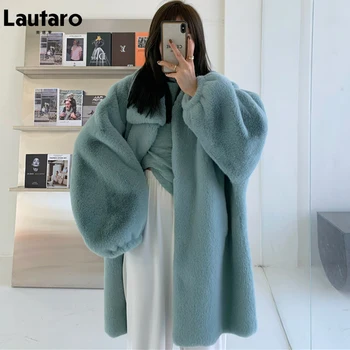 Lautaro Зимнее длинное негабаритное теплое мягкое пушистое пальто из искусственного меха, женское пальто с открытыми плечами и длинным рукавом, Повседневная Свободная корейская мода 2021