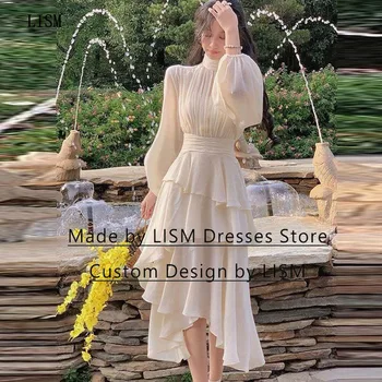LISM/ Белые Платья для Чаепития для девочек Трапециевидной формы с высоким воротом и Длинными Пышными рукавами С Высокими и Низкими Многоуровневыми оборками, Асимметричное платье для выпускного вечера 2023