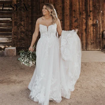 LSYX Элегантный V-образный вырез, аппликации без рукавов, Белое свадебное платье из тюля Трапециевидной формы, Свадебное платье со шлейфом на молнии сзади, сшитое на заказ