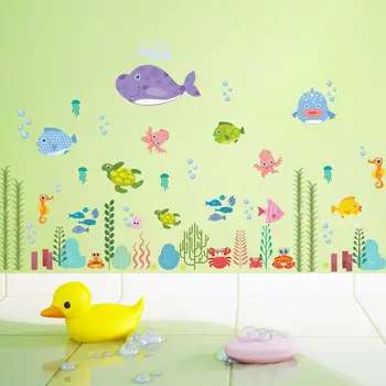 MAMALOOK Подводная Морская рыба Пузыри Черепаха Настенное Искусство Декоративная Ванная Комната Декор Детской спальни Плакат Картонные наклейки на стены Наклейка