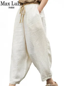 Max LuLu 2022, Летние Женские Льняные Свободные Винтажные брюки в Японском стиле, Женские Белые шаровары с завязками Для девочек, Брюки Оверсайз
