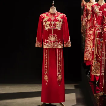 Men Vintage Wedding Clothing Chinese Red Dragon Embroidery Robe Bridegroom Ancient Gown костюм для восточных