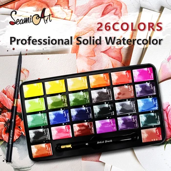 SeamiArt 26 Цветов, профессиональная твердая акварельная жестяная коробка для рисования, набор красок для школьных художественных принадлежностей