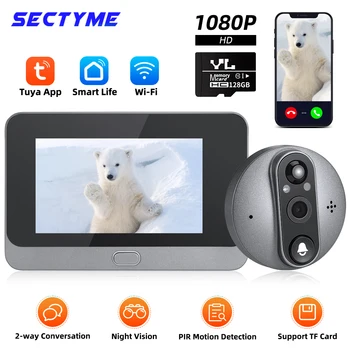 Sectyme Smart Tuya 1080P WiFi Дверной Звонок Камера-Глазок 5000 мАч Аудио 4,3 дюймов PIR Ночного Видения Инфракрасный Дверной Цифровой Просмотрщик