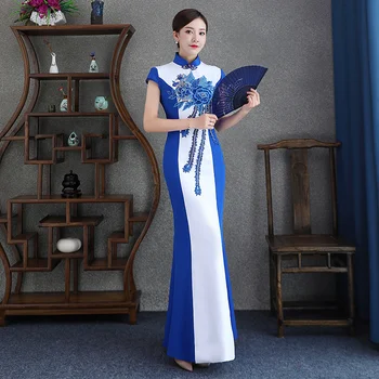 Sheng Coco Сине-белое платье с вышивкой Феникса, Облегающее длинное банкетное вечернее платье Cheongsam, платье для выступления хора на сцене