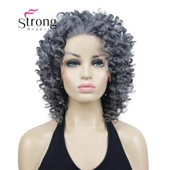 StrongBeauty парик на кружеве Короткий кудрявый темно-серый с высокой температурой синтетический парик на кружеве Ok