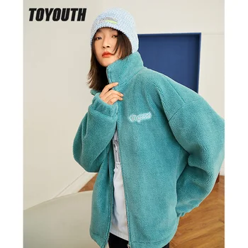 Toyouth, женское плотное пальто из овечьей шерсти, Зимняя Свободная куртка с длинным рукавом и воротником-стойкой С буквенным принтом, Теплая Комфортная Повседневная верхняя одежда