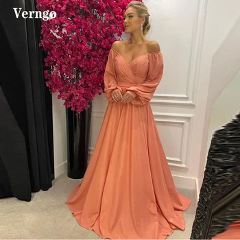 Verngo 2021 Простые румяна, Розовые атласные платья для выпускного вечера с открытыми плечами, Пышные женские вечерние платья с длинными рукавами, Большие размеры