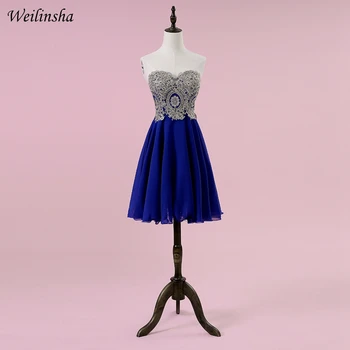 Weilinsha Короткое Вечернее платье Королевского синего цвета без рукавов с золотой аппликацией, вечерние платья для выпускного Вечера, платья на шнуровке сзади