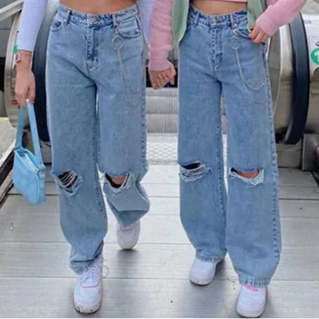 Y2K, осенние рваные джинсы с цепочкой в стиле ретро, женские джинсы с высокой талией и карманом на пуговицах, свободные широкие джинсы, облегающие уличные джинсы, стирающиеся
