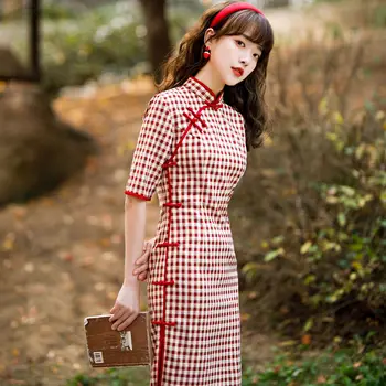 Yourqipao Клетчатый улучшенный Чонсам для молодой девушки-модели, литературное ретро-платье средней длины, китайская традиционная одежда Qipao для женщин