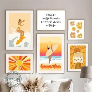 Абстрактный Плакат в желтом стиле Бохо, Девушка для серфинга, Солнце, море, Пляж, Фургон, холст, картина, настенные панно в скандинавском стиле для декора гостиной