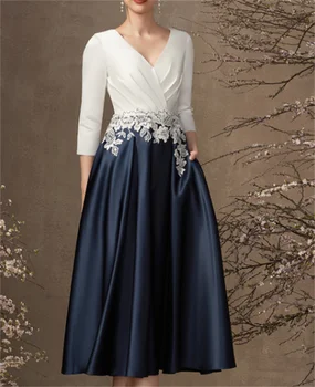 Атласное платье для матери Невесты Трапециевидной формы С V-образным вырезом Чайной Длины С Рюшами И Кружевными Карманами Vestidos Elegantes Para Mujer 2022