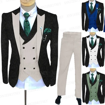 Бренд 2021, Жаккардовый Черный костюм Для мужчин с бежевым жилетом, брюки, комплект из 3 предметов, Модный деловой смокинг для жениха, свадебные костюмы для ужина