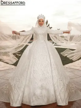 Великолепные свадебные платья мусульманской принцессы Дубая с высоким воротником, Бальное платье с длинным рукавом, расшитое бисером и кристаллами, Свадебное платье Саудовской Арабской принцессы