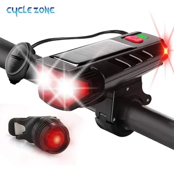 Велосипедный фонарь на солнечной энергии, USB Перезаряжаемый Передний фонарь с звуковым сигналом 120 дБ, 5 режимов Водонепроницаемых велосипедных фар и задних фонарей