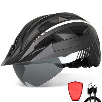Велосипедный шлем с козырьком и защитными очками USB Перезаряжаемый светильник для взрослых мужчин Женщин