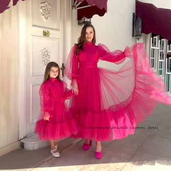 Вечерние платья из розового тюля Трапециевидной формы С Длинным рукавом И высоким вырезом, Мусульманское вечернее платье для выпускного вечера в Дубае, Длинные Платья для празднования мероприятий