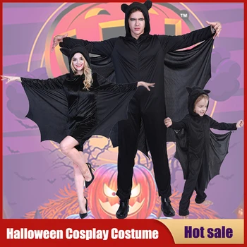 Взрослые и дети, костюм для косплея летучей мыши-вампира, Черный комбинезон с крыльями, капюшон, комбинезон на Хэллоуин, Карнавальная вечеринка, наряд для сценического представления
